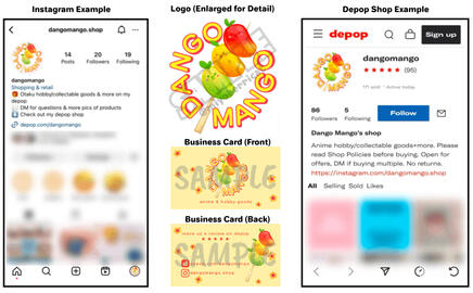 Dangomango logo on instagram (and flat business card example) for my Depop shop