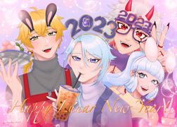 LNY Genshin Impact Happy Lunar New Year Thoma, Ayato Kamisato, Arataki Itto, and Ayaka Kamisato from Genshin Impact