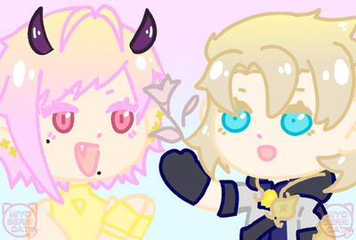 twitter user: @/terudevil (left) and Albedo from Genshin Impact (right). Chibis drawn from the bust up.