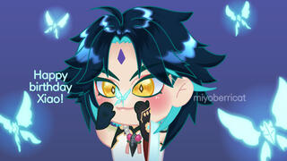 Xiao from Genshin Impact with crystalflies around him. Chibi drawn from the bust up.